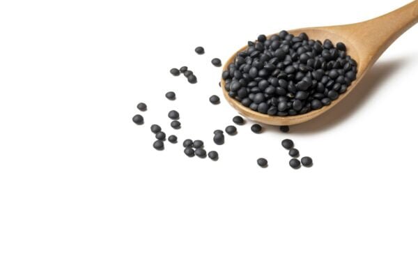 Black beluga lentils on the white background